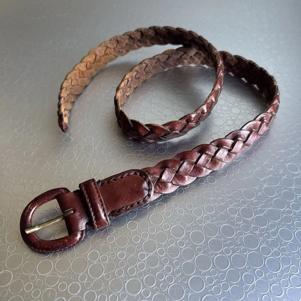 Roundtree Yorke Italian Full Grain Braided Leather Belt 34 Cognac Woven Adjustab